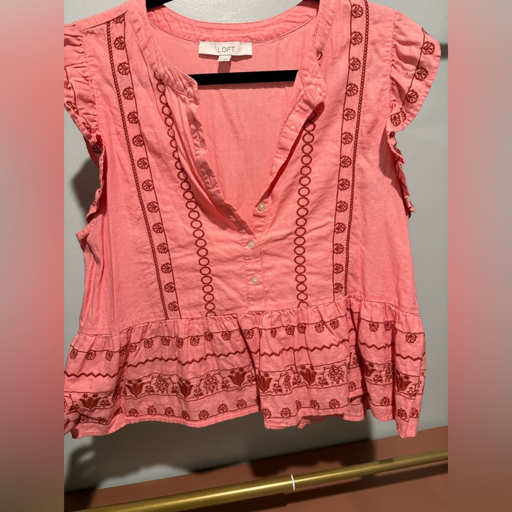 LOFT Pink Ruffle Sleeve Embroidered Blouse